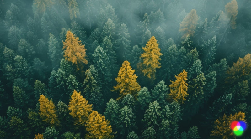An aerial view captures a dense forest displaying a vibrant mix of dark green evergreen trees and brilliant golden-yellow deciduous trees. Soft mist or fog drifts gently through the canopy, gradually thinning as rays of sunlight begin to illuminate the treetops, making the golden foliage glow against the deeper greens. The scene evokes a serene autumnal morning or a misty mountain landscape, highlighting the beautiful contrast of changing seasons.